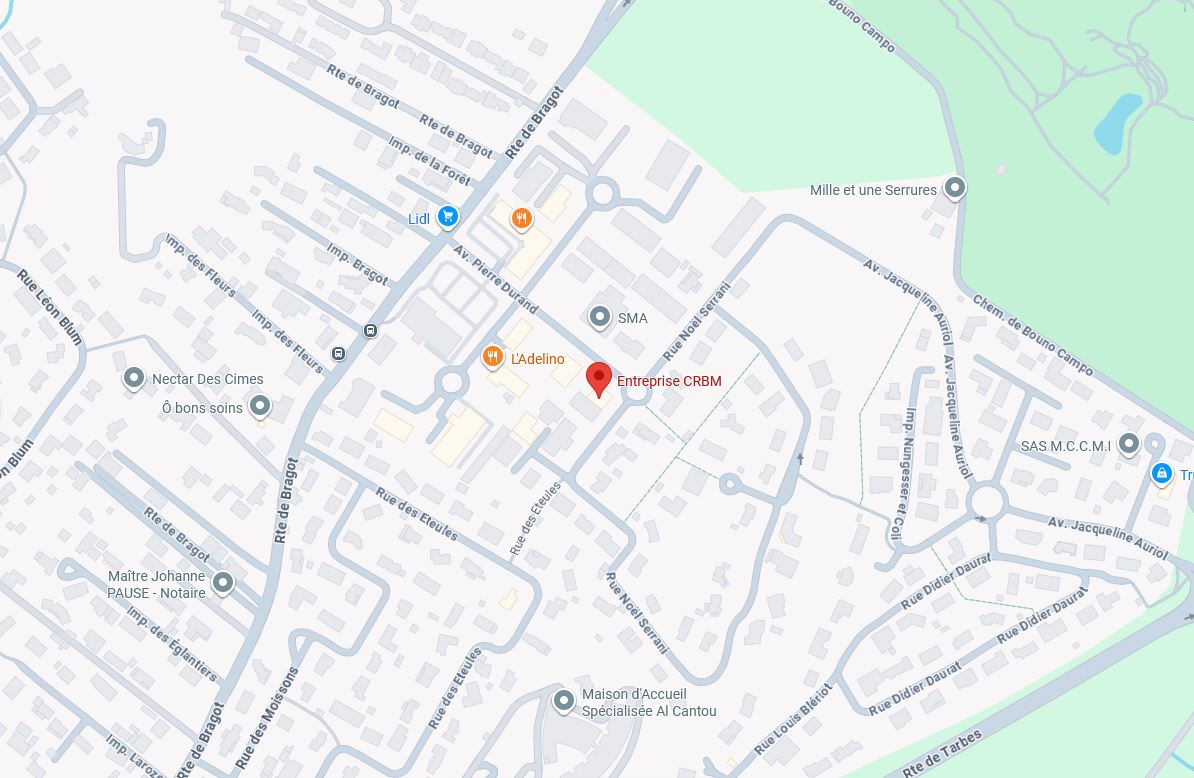 Entreprise CRBM, plan d'accès et localisation sur carte. Plan de localisation de l'Entreprise CRBM (point rouge), près de L'Adelino et Lidl, carrefour Av. Pierre Durand / Rte de Bragot.