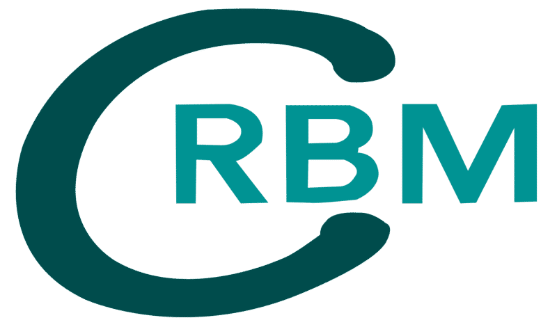 Logo bicolore bleu-vert. Grande courbe en forme de C foncé encadrant les lettres RBM dans une teinte turquoise brillante.